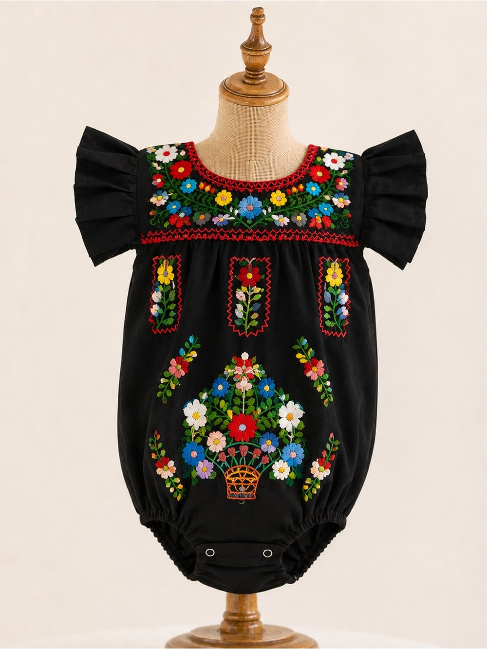 Black Floral Hand Embroidered Baby Romper